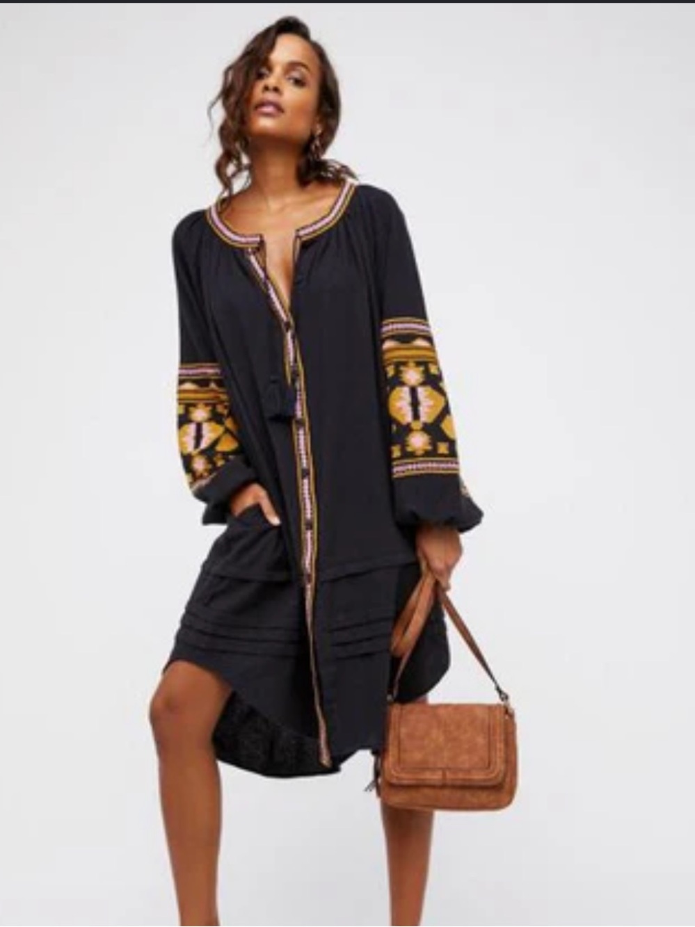 Free People Black Tunic with Yellow & Pink Embroidered Trim